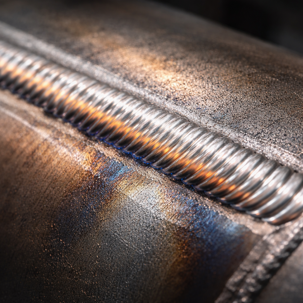 Detailaufnahme einer Schweißnaht auf Metall mit schimmernden Farbschichten.