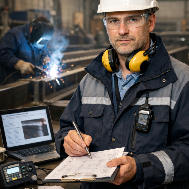 Ein Arbeiter mit Helm und Gehörschutz überprüft pläne in einer Werkstatt. Schweißarbeiten im Hintergrund.